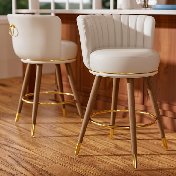Taburetes de bar SeekFancy 24 giratorios con respaldo de cuero blanco y madera