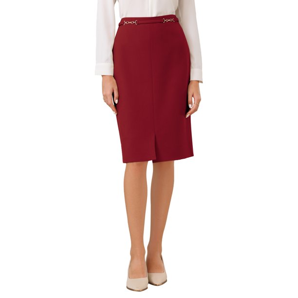 INSPIRE CHIC Falda Lápiz de Negocios para Mujer, Cintura Alta, Formal, Trabajo, Largo hasta la Rodilla, Talla S, Rojo