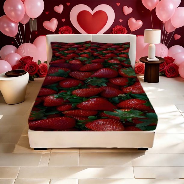 Strawberry Juicy Print Fitted Sheet Fitted Sheet Microfiber Soft And Breathable Deep Pocket Non-Slip Suitable for All Seasons! Ideal for Family And Friends Holi