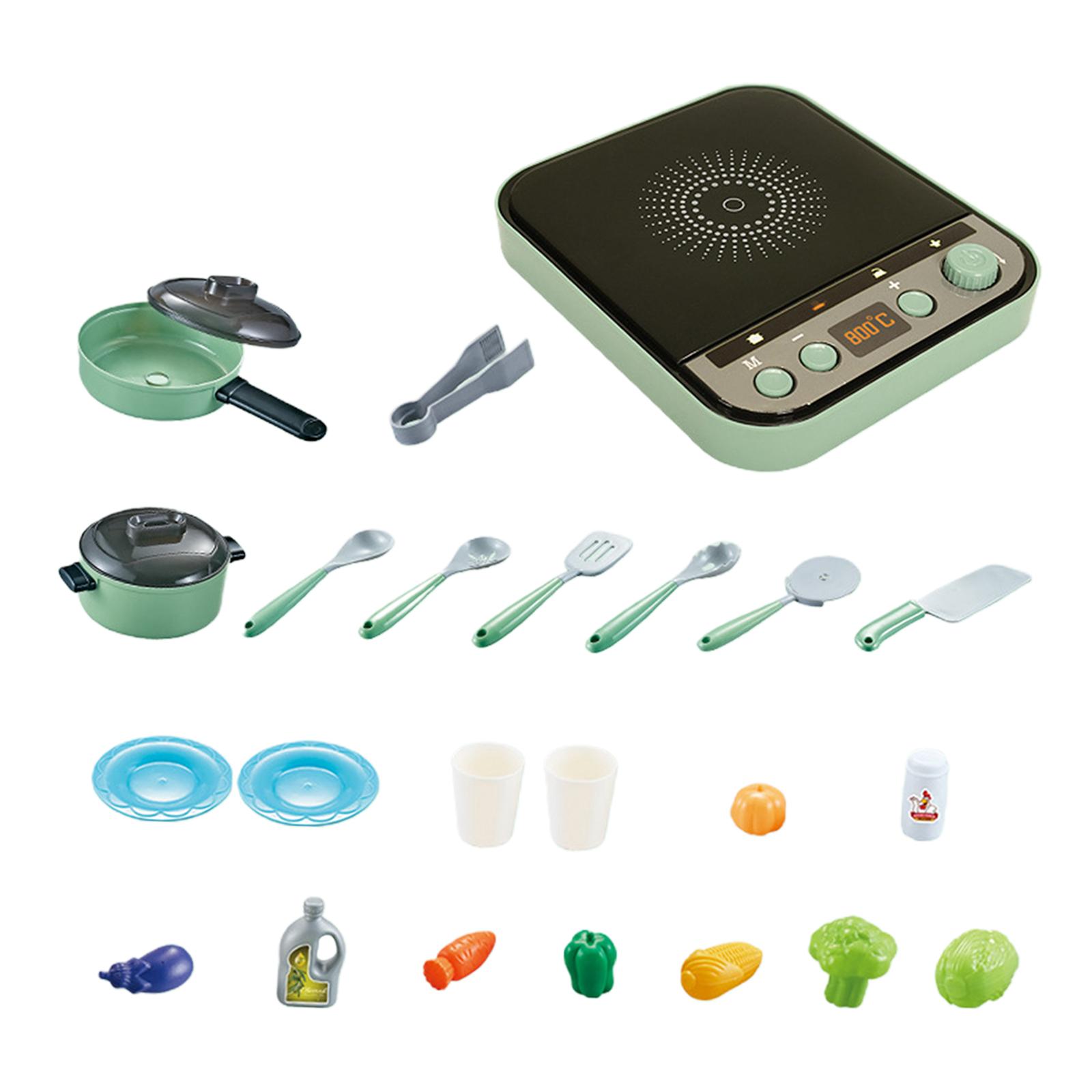 Magideal - Juego De Cocina De 25 Uds., Cocina De Inducción De Juguete Con Simulación De Sonido Y Luz, Juego De Cocina De Simulación Para Regalo De Cumpleaños Verde