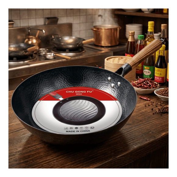 Wok De Cocina Tradicional Acero Martillado Mango De Madera
