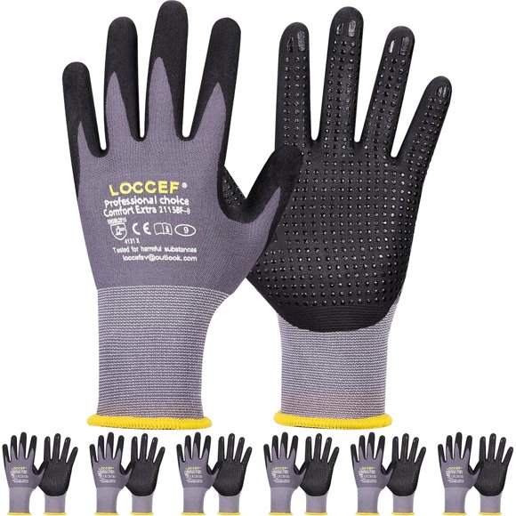 LOCCEF Work Gloves MicroFoam Nitrile Coated, 6 Pairs, Endurance