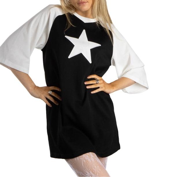 Jess de Meiko Vestido de Mujer Mangas Raglán Contraste 3/4 Estrellas Sobredimensionado Vestido Camiseta M Negro