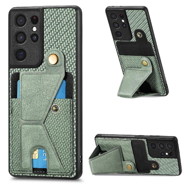 Funda Resistente para Samsung Galaxy S21 Ultra con Tarjetero y Soporte, Diseño Magnético Verde