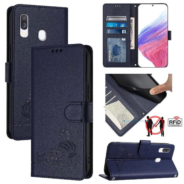 Funda tipo cartera FOXDOCK para Samsung Galaxy A40 con soporte, ranuras, RFID, diseño de gato