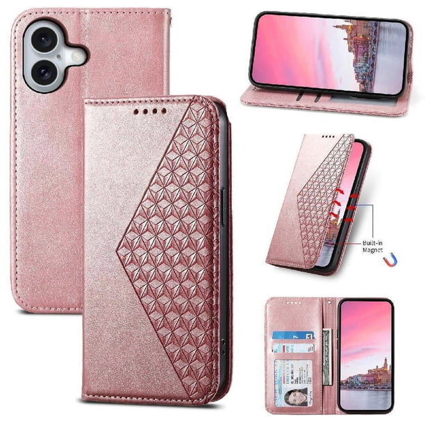 Funda Flip FOXDOCK para iPhone 16 , Estilo Billetera con Diseño Rombo, Correa de Mano y Soporte, Uso Diario
