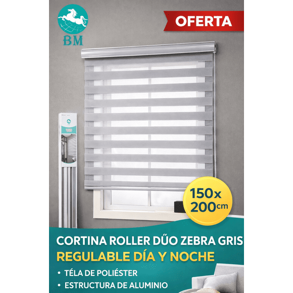 Cortina Roller Dúo Zebra Gris 150x200 cm Regulable Día y Noche