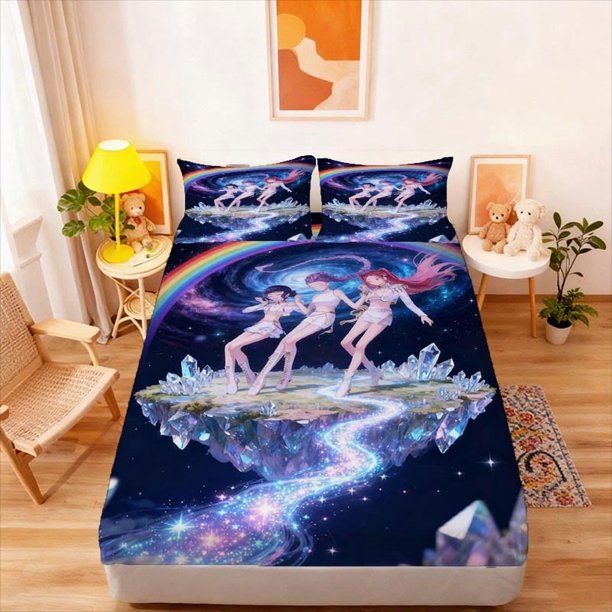 3pcs K-POP Rainbow Fairy Fitted Sheet - Soft And Comfortable Bedroom Guest Room And Dormitory Decoration Bedding Bedspread Set Three-Piece Set (Including 1 Fitted Sheet + 2 Pillowcases