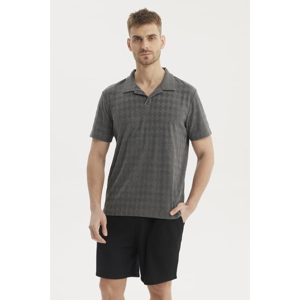 Polera Hombre Slim Cuello Camisero Gris Melange