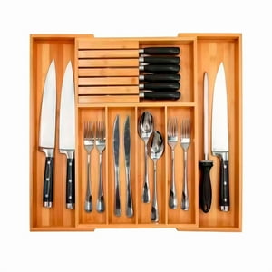 Wakeshome - Organizador De Cubiertos Para Cajones Organizador De Bambú De Cocina Porta Utensilios Expandible
