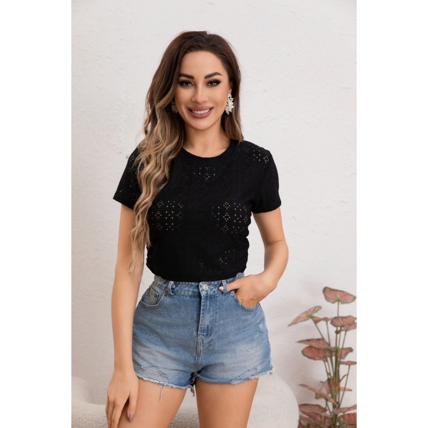 Likeshop - Top Encaje Broderie Mujer Polera Manga Corta 5006