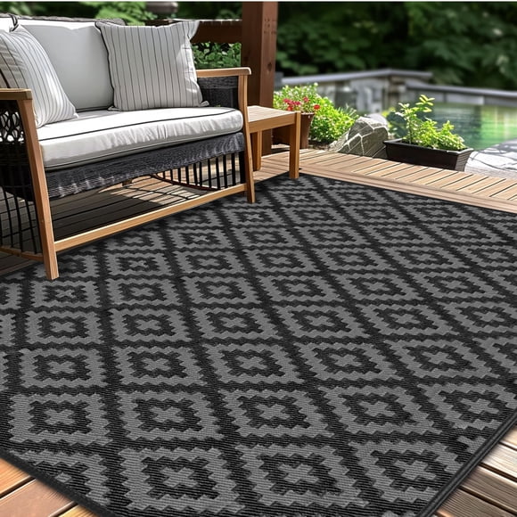 Alfombra Kalafun 152x244 cm Negra Gris Plástica para Exterior