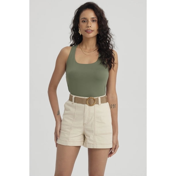 Polera Mujer Lisa Doble Capa Verde Musgo