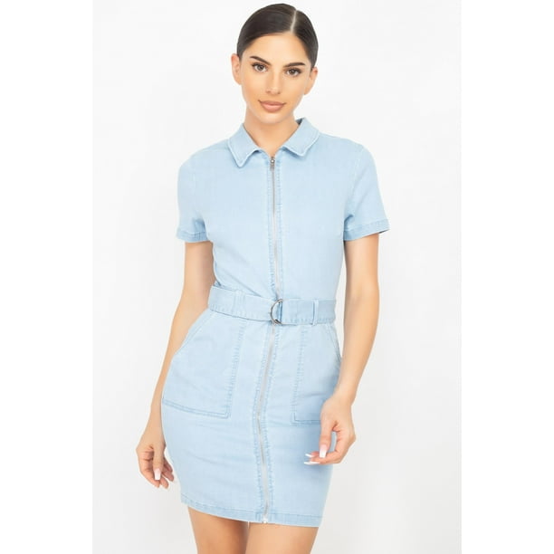 Vestido Vaquero Ajustado con Cuello y Cinturón