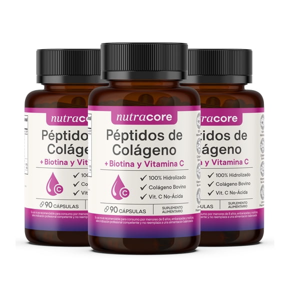 Péptidos De Colágeno Hidrolizado + Biotina y Vitamina C No-ácida - Pack 3x90 Cápsulas | NutraCore