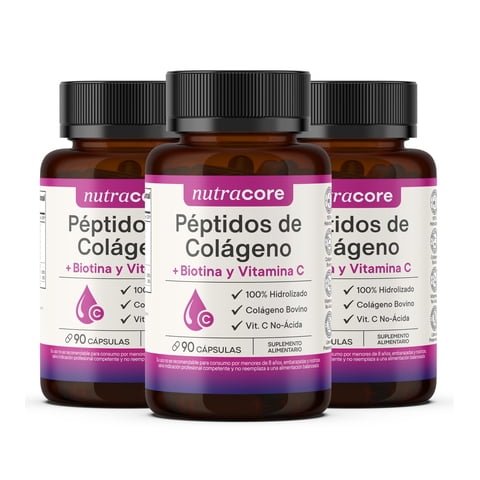 Péptidos De Colágeno Hidrolizado + Biotina Y Vitamina C No-Ácida - Pack 3X90 Cápsulas | Nutracore