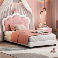 M&Ms - Twin Size Upholstered Princess Bed With Crown Headboard,Twin Size Platform Bed With Headboard And Footboard, Cream+Pink(Old Sku Wf303336Aak)
