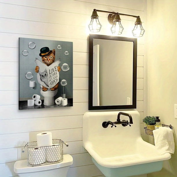 1pc Canvas Painting, Cute Animal Sitting In Toilet Reading Newspaper Napkin Canvas Wall Art Decor, For Living Room Wall Decor, Bedroom Wall Decor, Office Kitchen Bathroom Wall Decor, No Frame, 12inch*