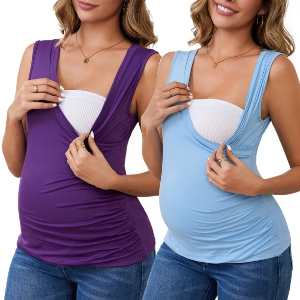 INSPIRE CHIC Paquete de 2 Camisetas Básicas de Maternidad sin Mangas con Fruncido Cruzado para Mujeres, Camisetas de Lactancia para Amamantar, Pequeñas, Morado y Azul