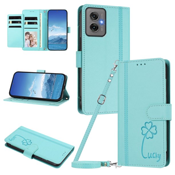 Funda Cartera Trébol para Motorola Moto G55 5G con Ranuras Tarjetas y Carga Inalámbrica Verde menta