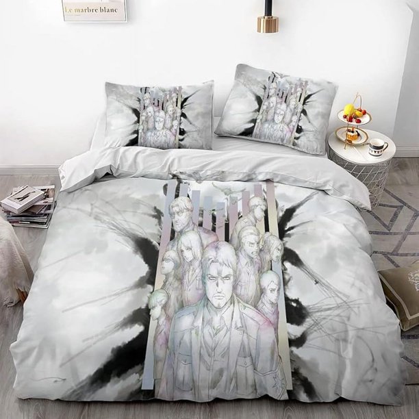 At-tack -on Gia-nt Anime Soft- -3D Prin-ted Du-vet Cove-r Bedding Se-t with Comforte-r Cover 3- Piece Set