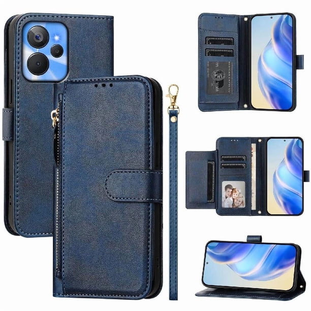 Funda tipo cartera para Realme Q5X 5G con bolsillo con cremallera, tarjetero, soporte, correa para la muñeca y tapa de cuero azul