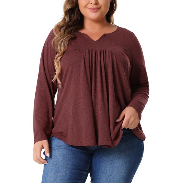 Agnes Orinda Tops de Mujer de Talla Grande Blusas de Mujer con Manga Larga Cuello en V con Pliegues Frontales Talla 4X Burdeos