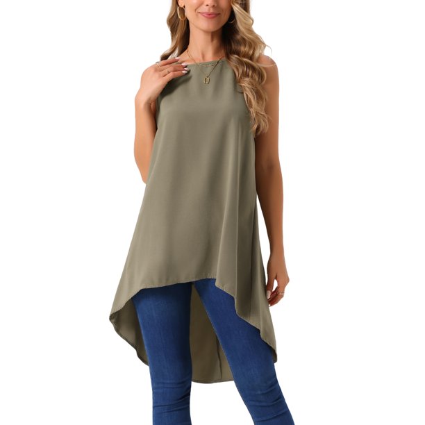 INSPIRE CHIC Blusa sin mangas para mujer con cuello redondo, dobladillo asimétrico, ajuste holgado, túnica casual de alto bajo, verde oliva oscuro L