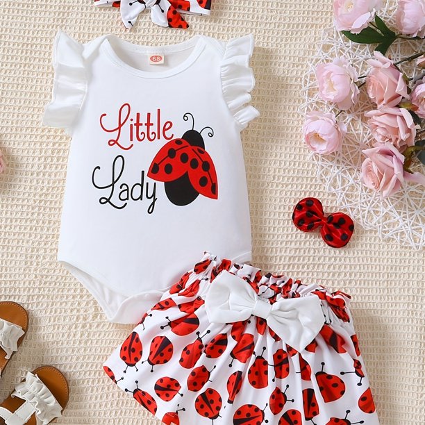 3pcs Baby Girls "Little Lady" Ladybug Print Cute Ruffled Sleeves Onesie & Skirt & Headband, Baby Summer Clothes Sets