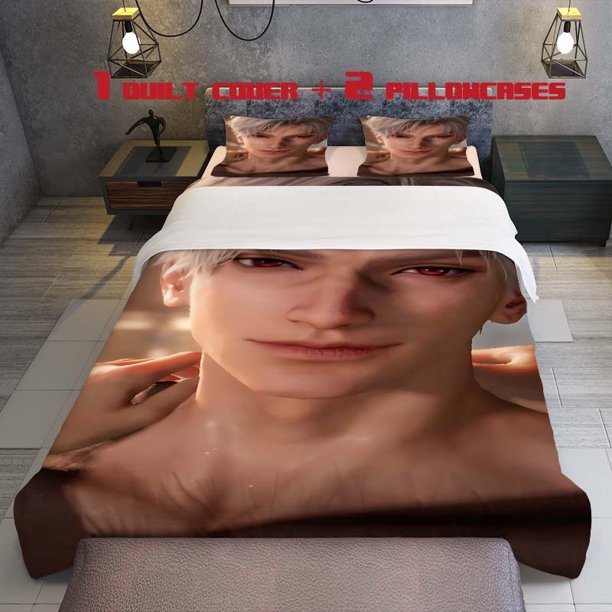 3pcs White Haired Confident Red Eyed Character Design Themed Printed Bedding Set Soft Duvet Cover and Two Pillowcases