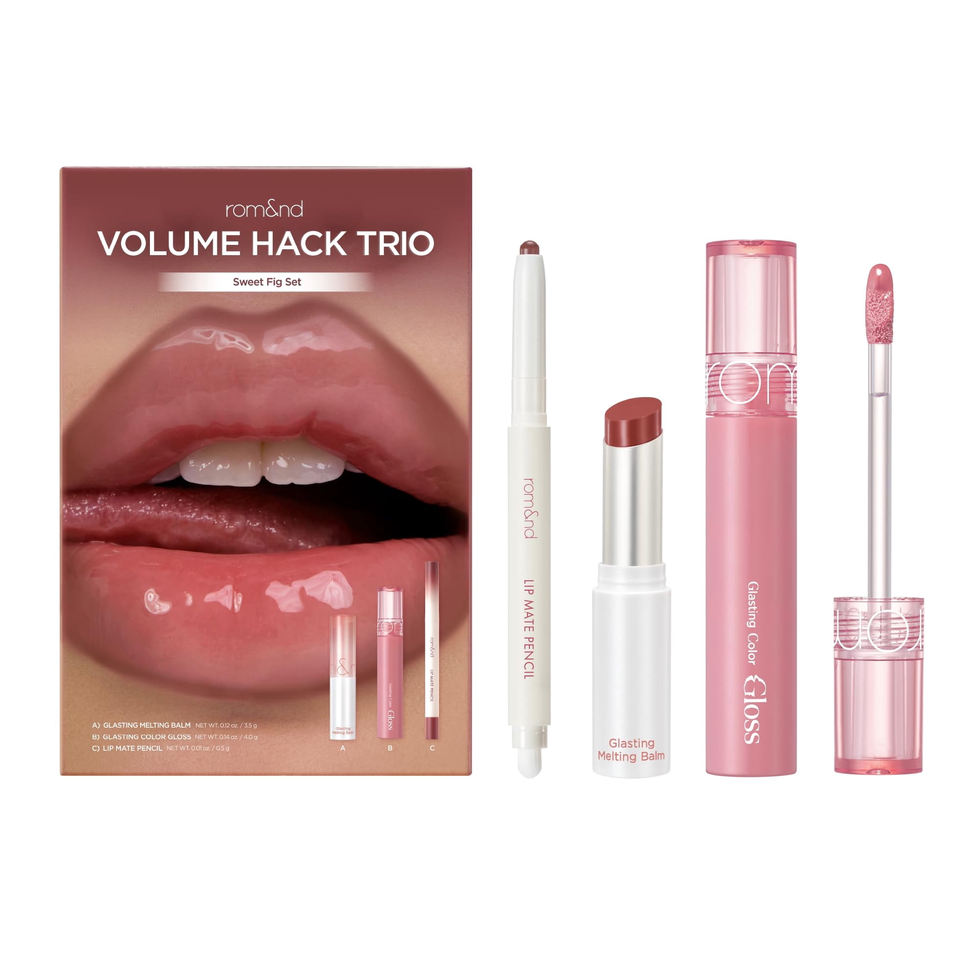 Set Combinado De Labios Rom&nd Volume Hack Trio Sweet Fig Con Lápiz Lip Mate, Bálsamo Derretiente Y