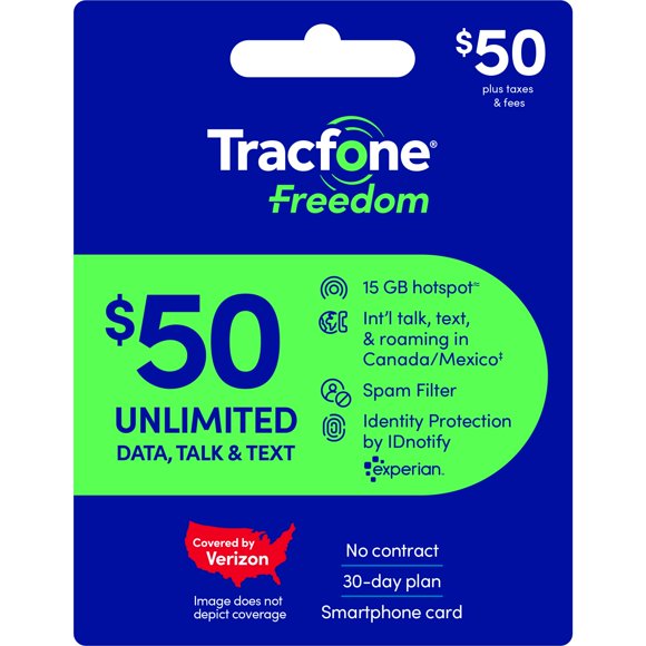 Tarjeta SIM Tracfone $50 - Plan de 30 días con datos ilimitados y 15 GB de hotspot