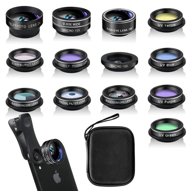 Kit de lentes para cámara de celular (13 piezas) para iPhone 11 Xs 10 8 7 6 Plus SE, Samsung y la mayoría de los teléfonos Android: lente gran angular, lente macro, lente ojo de pez y más