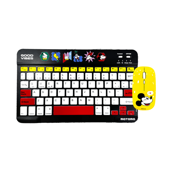 Kit Teclado y Mouse Inalámbrico Motomo Mickey Good Vibes, Bluetooth, Color Negro y Amarillo