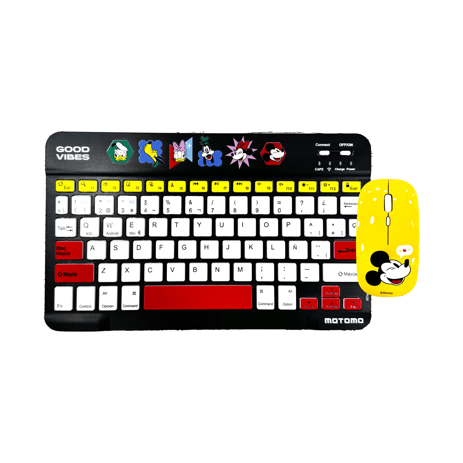 Kit Teclado Y Mouse Inalámbrico Motomo Mickey Good Vibes, Bluetooth, Color Negro Y Amarillo