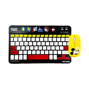 Kit Teclado Y Mouse Inalámbrico Motomo Mickey Good Vibes, Bluetooth, Color Negro Y Amarillo