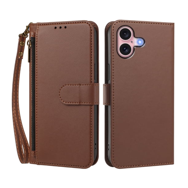 Funda Tipo Billetera para iphone16 con Soporte y Bolsillo con Cierre Marrón