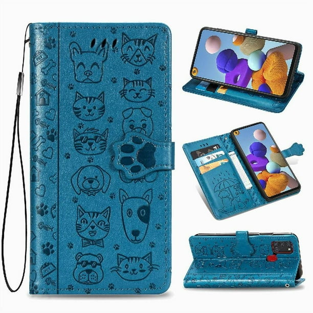 Funda Cartera FOXDOCK para Samsung Galaxy A21S , Flip PU con Relieve de Gatos y Perros, Tarjetero y Soporte