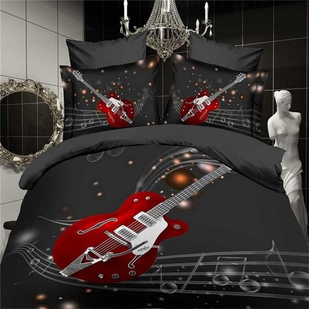 Music Notes BlackRed Guitar Quilt Duvet Cover Set Children Bedding Double3-Piece Bedding Set