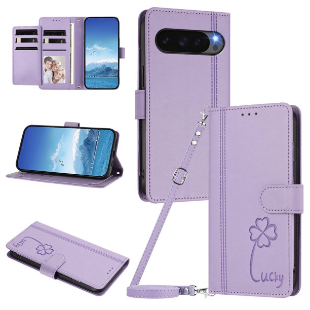 Funda Cartera Trébol para Google Pixel 10 Pro XL 5G con Ranuras Tarjetas y Carga Inalámbrica Morado claro