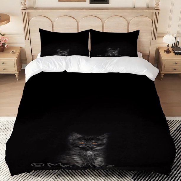 Black Cat with Orange Eyes Digital Printed Set Polyester Skin-Friendly Fabric Bedroom/Guest Room Decor