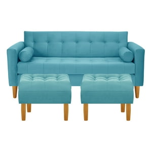 Bodevir - Sofa Retro 3C + 2 Pouf Felpa 04 Turquesa