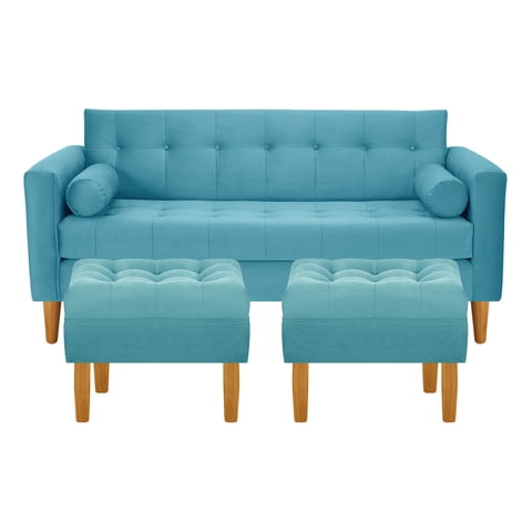 Bodevir - Sofa Retro 3C + 2 Pouf Felpa 04 Turquesa