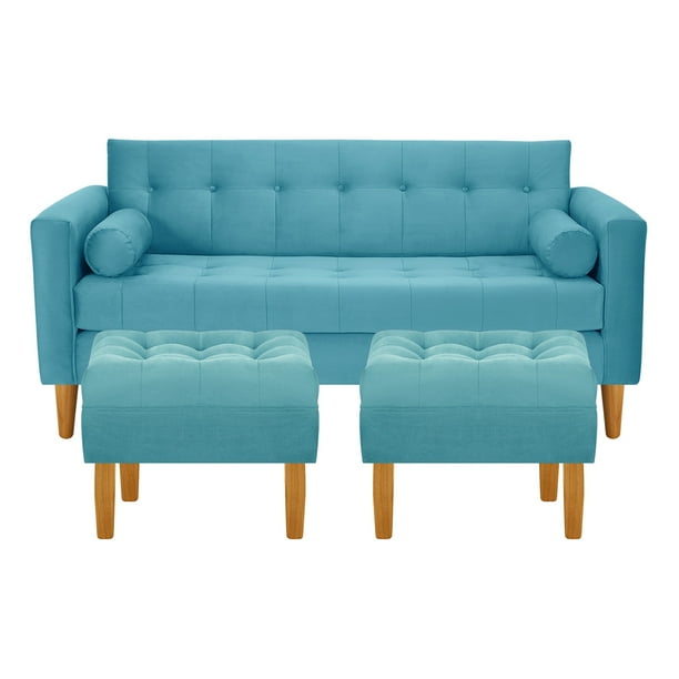 Sofa Retro 3c + 2 Pouf Felpa 04 Turquesa