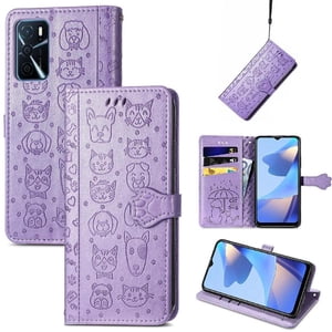 Funda Cartera Foxdock Para Oppo A16 , Flip Pu Con Relieve De Gatos Y Perros, Tarjetero Y Soporte