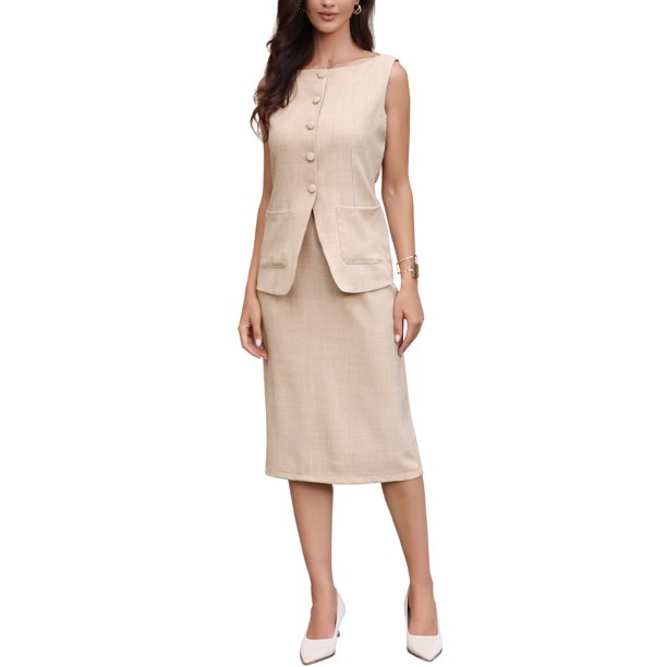 INSPIRE CHIC Conjunto de Falda de Traje de 2 Piezas para Mujer Verano Conjunto de Trabajo de Negocios Chaleco sin Mangas Blazer y Falda Recta M Beige
