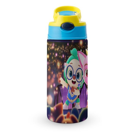 Pinkfong Botella de Agua con Tapa Pop Top de Un Toque, Acero Inoxidable, a Prueba de Fugas, para Deportes, Botella Infantil azul 12 oz