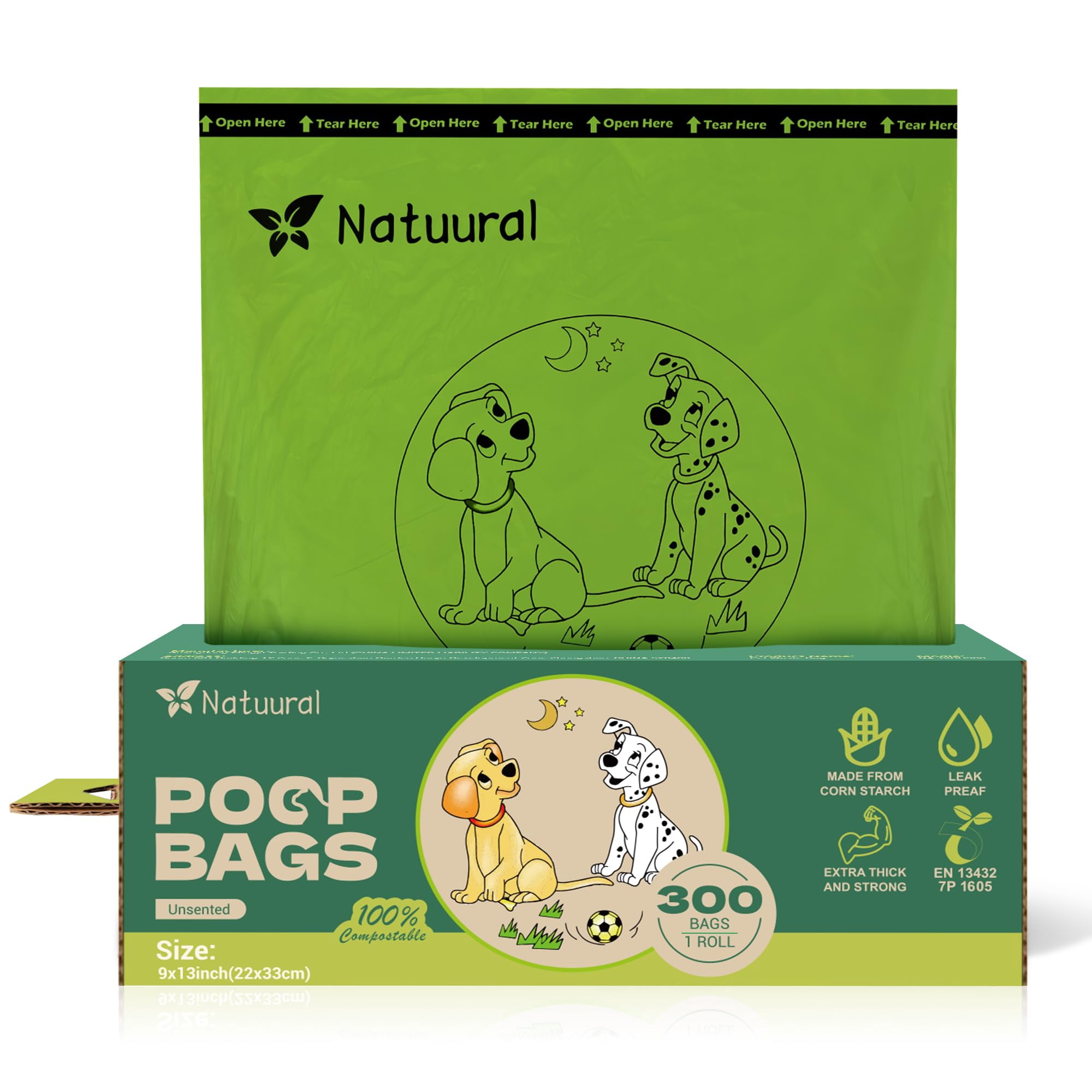 Bolsas Compostables Para Excremento De Perro Natuural, 300 Piezas, 22 X 33 Cm