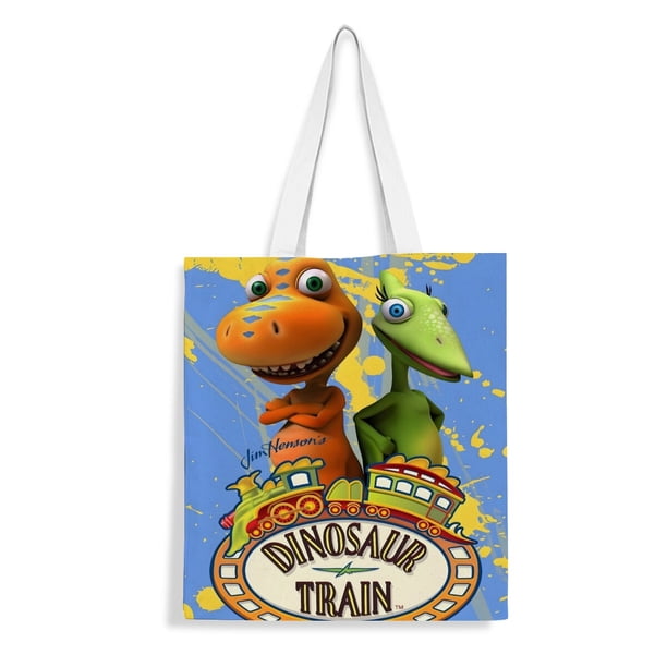 Dinosaur Train Bolso de tela con estampado de lienzo para mujer, bolsa de compras reutilizable y estética, con cremallera interior, regalo para mujer, 35 × 40 cm.