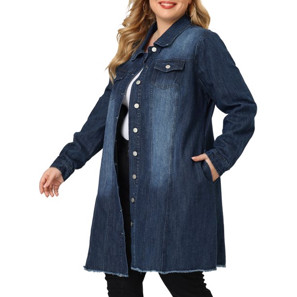 GRACE & GRANDEUR Chaqueta de Mezclilla Maxi de Manga Larga para Mujer Talla Grande Abrigo Largo de Jean Desgastado con Bolsillos en el Pecho 1X Azul Oscuro